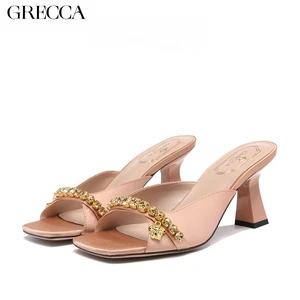 GRECCA Pink Sandals With Heels, Rhinestone & Metal Badge Decor, Square Toe, Chunky Heel - Elegant Party Shoes