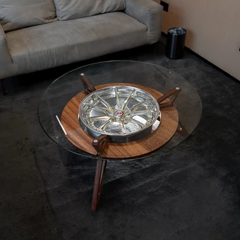 Round bar table industrial style wheel table wood table with glass top