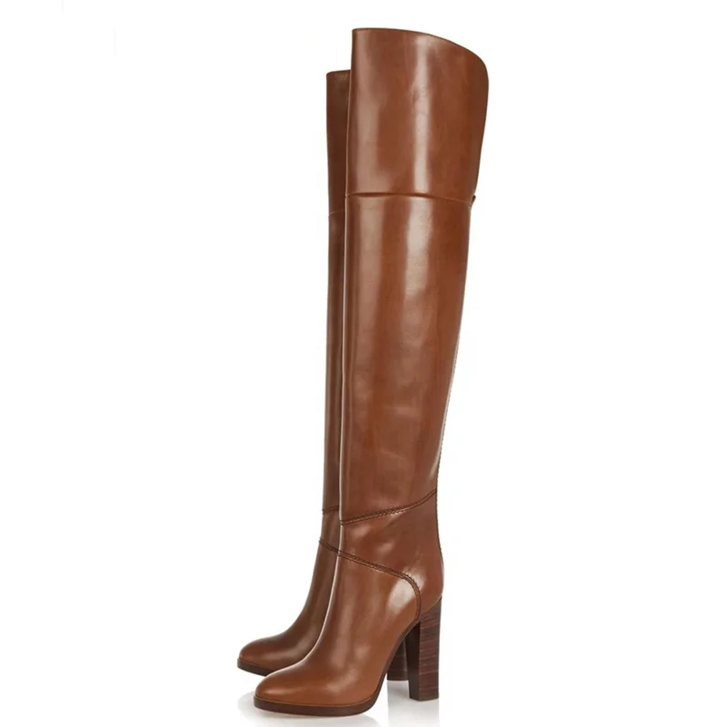 Roman Shoes Brown Leather Knight Boots for Men Women Chunky High Heel Round Toe Back Cut Comfortable Winter Boots Over the Knee