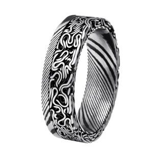 Handcrafted Wood Grain Fashion Jewelry Rings for Men Twisted Wire Cable Stainless Damascus Steel Black Wedding Ring