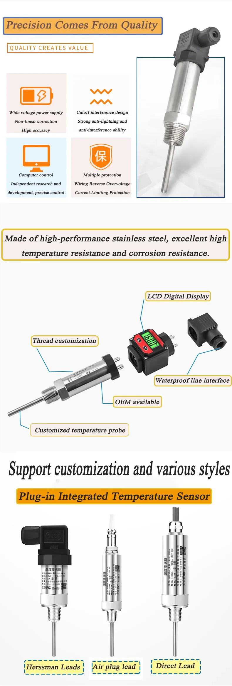 Pt100 Rtd Temperature Transducer 420ma Temperature Sensor Resistant