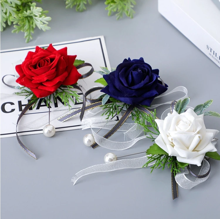 KEWEI 668 Wrist Corsage Flower Boutonniere Wedding Bracelet Bridesmaid Silk Flower Wrist Pearl Bracelet
