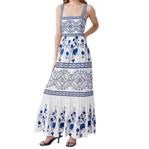 Custom High Quality Summer Causal Linen Maxi Dress Vintage Porcelain Placement Prints  Sleeveless Sexy  Evening Dresses