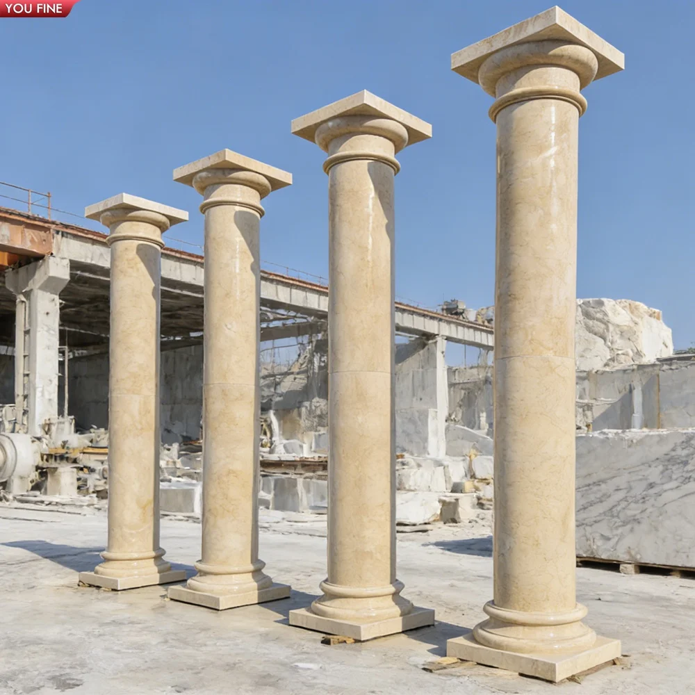 YOUFINE Beige Marble Roman Columns Hand Carved Decorative Pillars for Villa Hotel Building Projects
