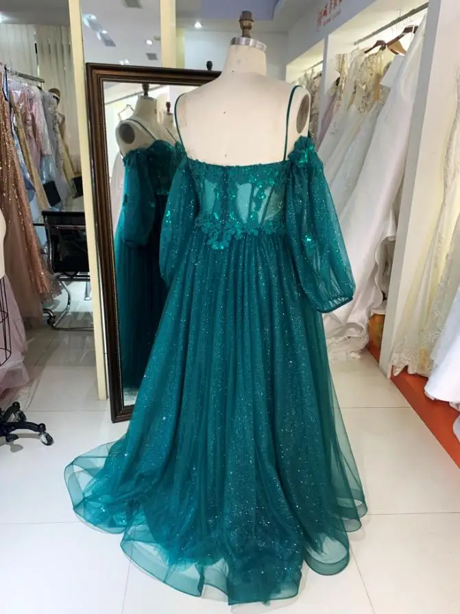 Plus Size Emerald Green Long Puff Detachable Sleeve a Line Glitter Tulle Embroidered Prom Evening Dresses for Women Plus Size Emerald Green Long Puff Detachable Sleeve a Line Glitter Tulle Embroidered Prom Evening Dresses for Women