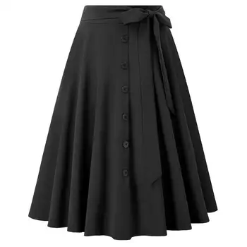 casual style short Pleated Skirts Flared A-Line Buttons Womens Skirt With bow belt