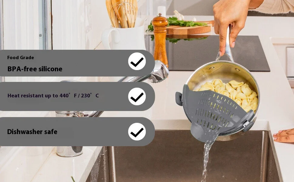 Creative New Style Kitchen Tools Waterproof Silicone Pot Edge Drainer Vegetable Noodle Water Filter Pouring Colander Strainer factory