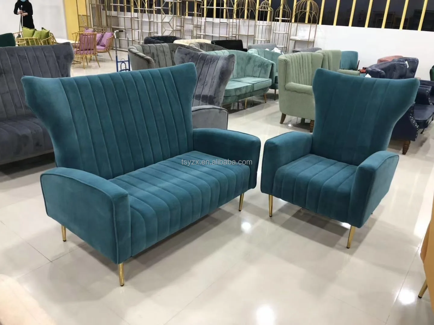 Modern Two Seater Sofa Living Room Furniture Sofa Blue Velvet Loveseats ...