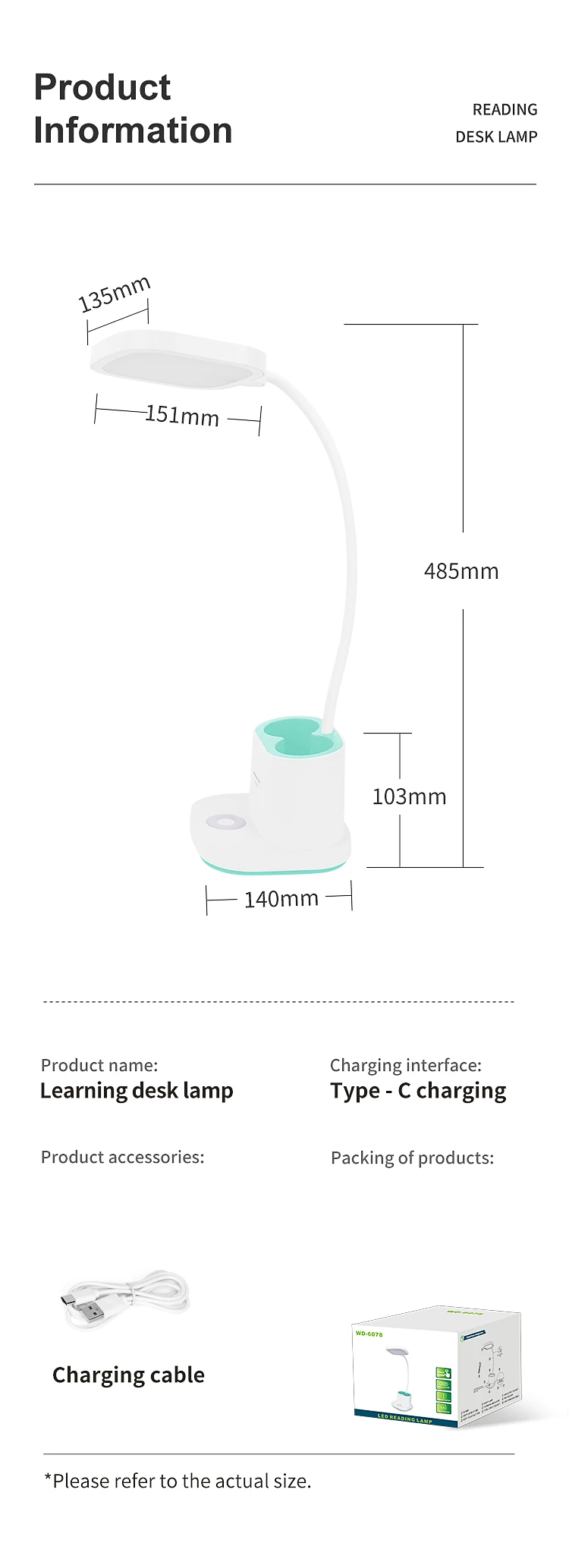 Bright Rechargeable Student Table Lamp Portable Plastic Led Bed Side Reading Desk Lamp with Pencil Holder and USB
