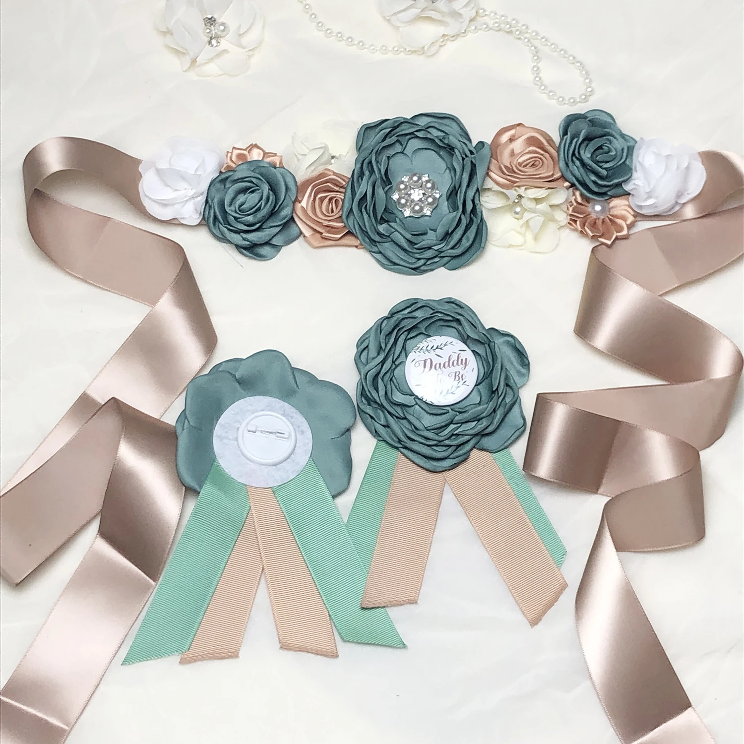 Maternity sash set Sage pink Maternity Sash and Corsage Set Mom Daddy to Be  main image 3