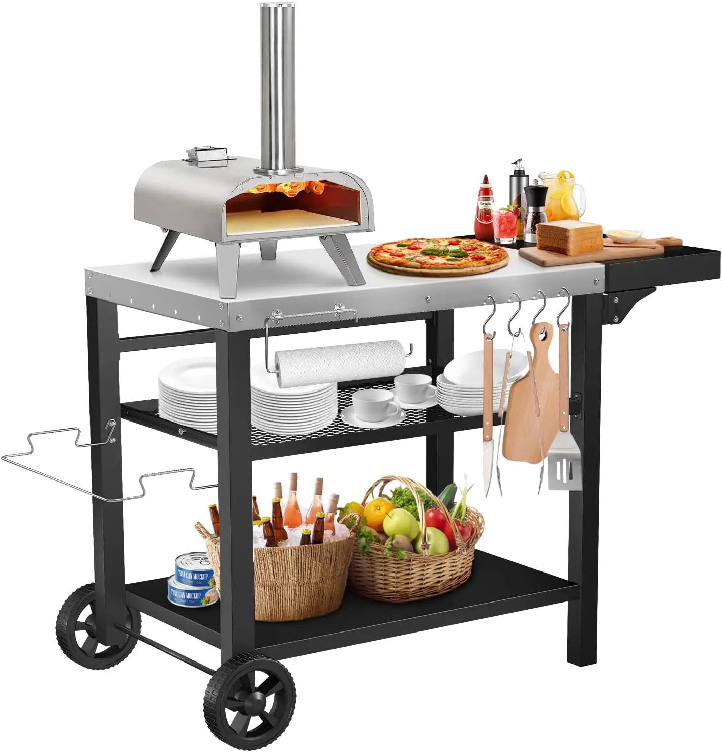Grill Cart Table Movable Pizza Oven Stand for Outside Patio, Stainless