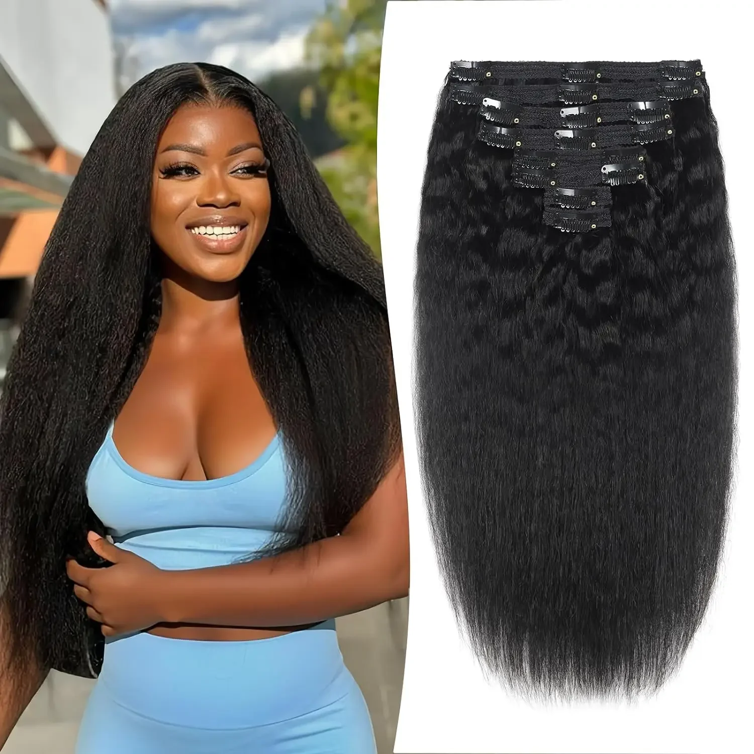Kinky Straight Clip ins Hair Extensions Real Human Hair Natural Black for Women Remy Kinky Straight Human Hair Seamless Clip ins_voghion.com