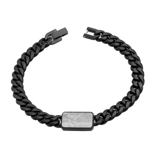 Black PVD Meteorite Inlay 8mm Vintage Stainless Steel Bracelet with Geometric Car Pattern for Gift Featuring Cuban Chain Style