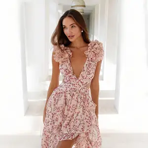 Sweet Style Flower Print Women's Elegant Casual Dress Lotus Leaf Edge Broken Floral Backless Floral Womens Dress