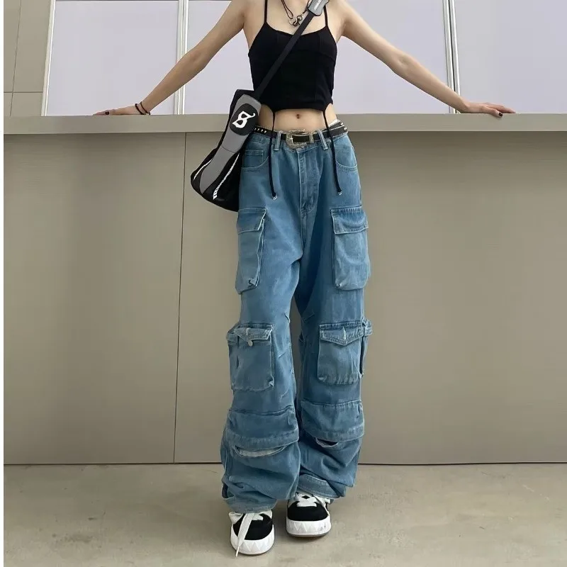 Bomblook C0904PT Fall Winter Washed Denim Wide Leg Jeans Cargo Jeans Women Denim Pants With Pockets Women
