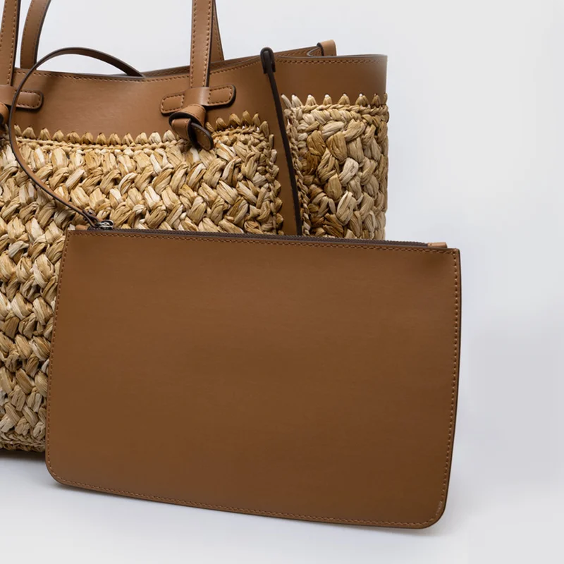 Designer Customized Hand-woven Lafite Dumplings Ms. Tote Shoulder Bag Drawstring Bucket Portable Handbag for Holiday Beach.