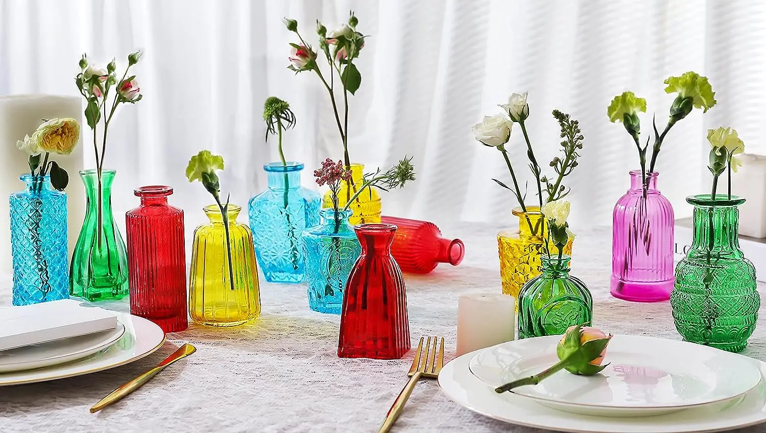 Colored Glass Bud Vases Set of 20 for Flowers Small Color Bud Vases in Bulk for Centerpieces Home Decor Colored Mini Glass Vases