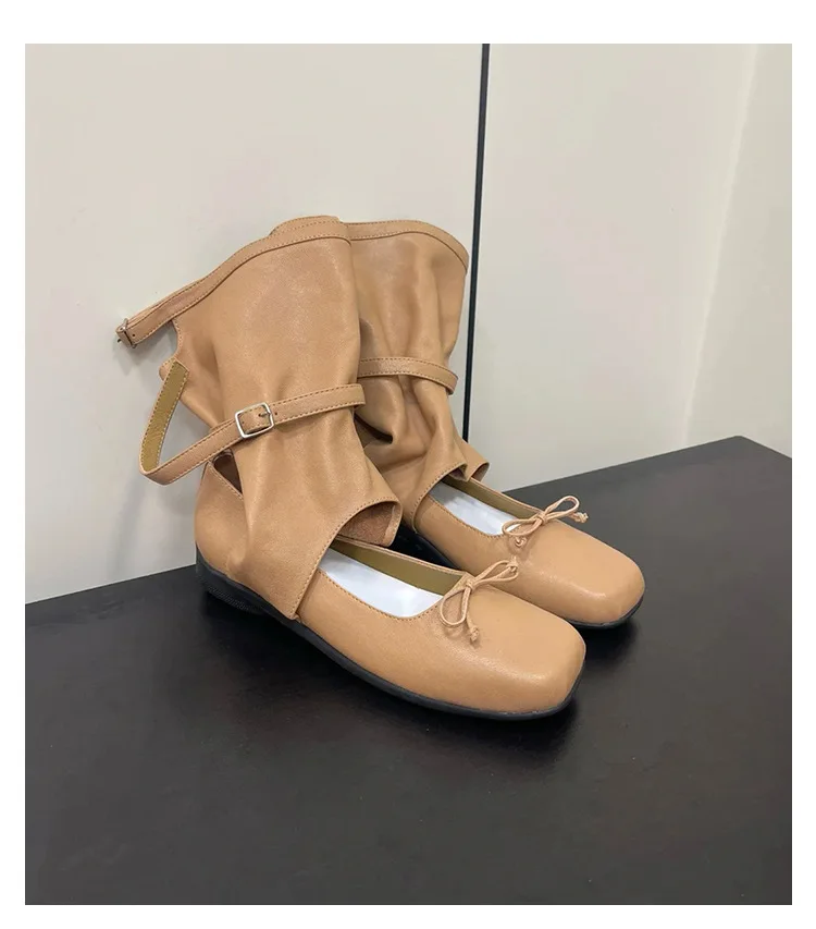 Ladies Square Toe Flat Heel With Bowknot Strap Mary Jane Flat Shoes Ballet Style Women Ankle Boots - Image 5