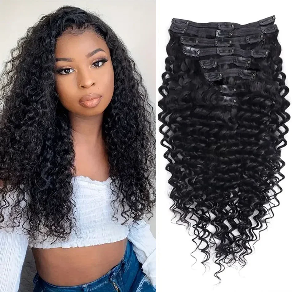 Echthaar Clip In Extensions Deep Wave Lockig Naturschwarz_voghion.com