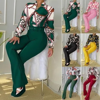 2022 Latest Design Women Autumn Elegant Classic Two Piece Pants Set Ladies Printing Shirt And Pants Suit Sets Voor Dames