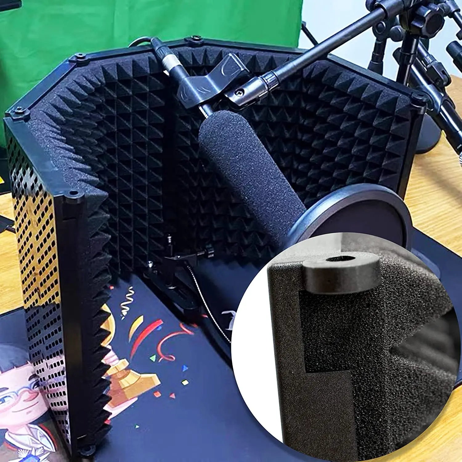 5 Doors Microphone Isolation Shield With Pro Microphone Furry Cover Acoustic Sound Absorbing Reflector  3/8" 5/8