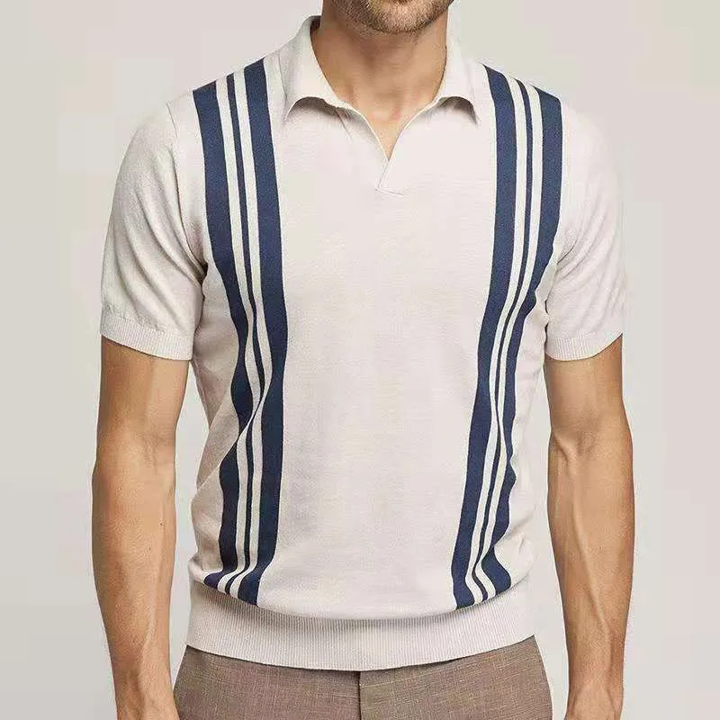 Men Pattern Stripe Print Patchwork Knitting Casual Soft Summer Fashion Men Short Sleeve Slim GOLF Polo Shirt