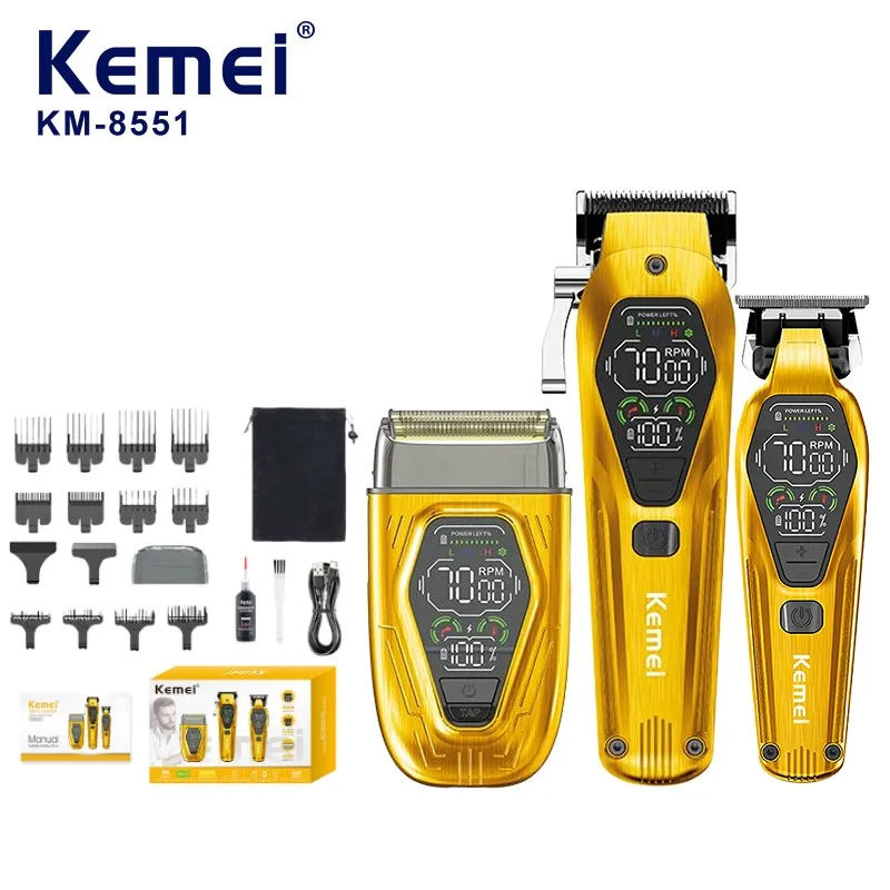 Kemei Max Km-8551 Pro 3-en-1 Super Vintage Kit pour barbier : tondeuse à cheveux, afficheur LED, rasoir pour barbe masculine