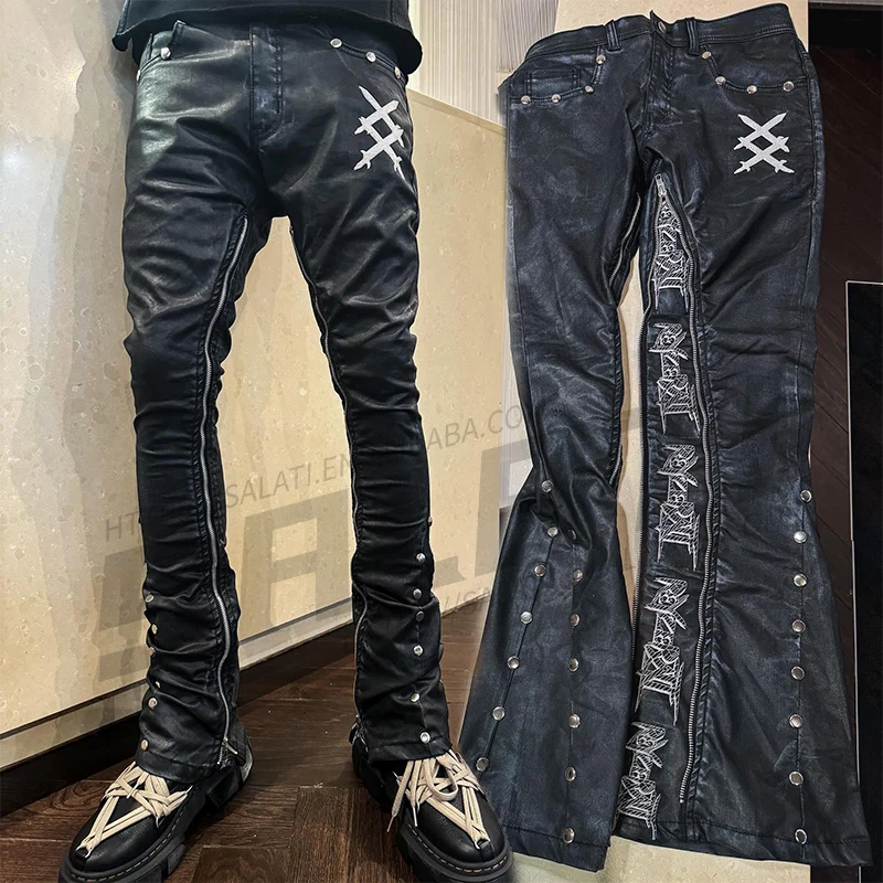 Custom Skinny Fit Elastic Streetwear Zipper Pu Flare Sweat Trousers Embroidery Lace up Faux Leather Stacked Pants for Men gallery 2
