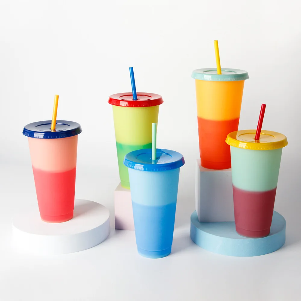 Wholesale Bulk 16oz 24oz Reusable Glitter Coffee Mug Color Change PP  Plastic Tumbler with Straw for Cold Drinks & Boiling Water