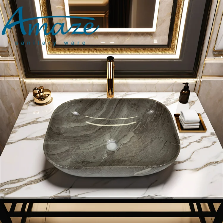 Modern style easy to clean glazed bathroom ceramic table top art lavabo grey hand wash basin supplier