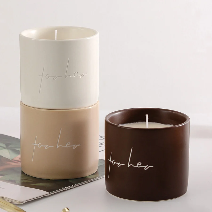 Оптовая продажа, керамические пустые банки для свечей цвета хаки, белого, коричневого цвета, 3 фитиля, матовая банка для свечей