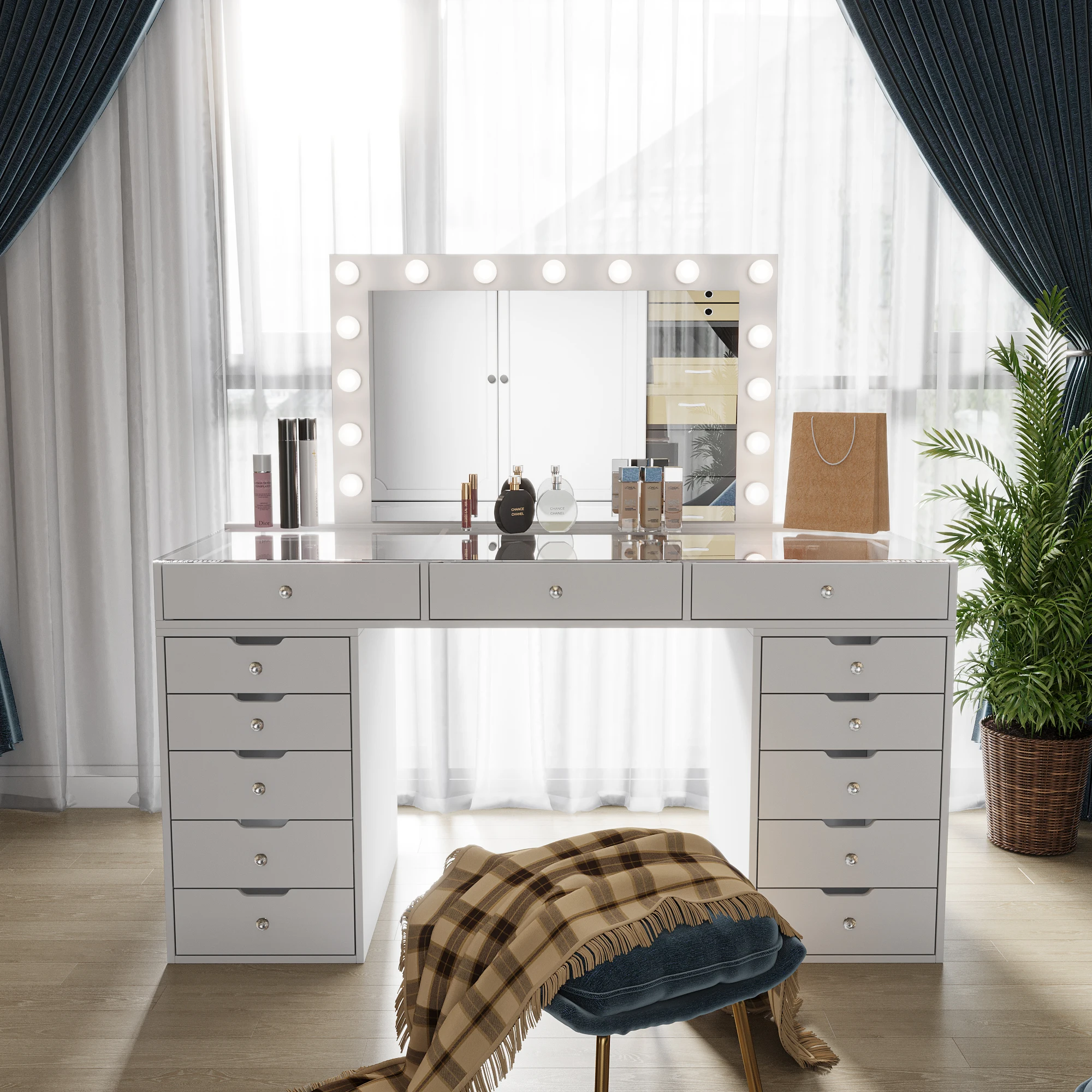 Modern Wooden Vanity Dressing Table With Sliding Mirror Drawer Storage ...