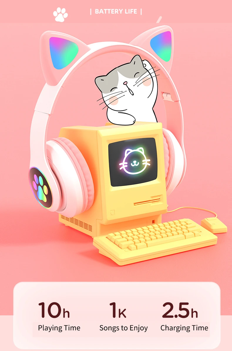 Cute Cat Ear Headphones Bt 5.0 Headsets Stereo Music Earphone Gaming