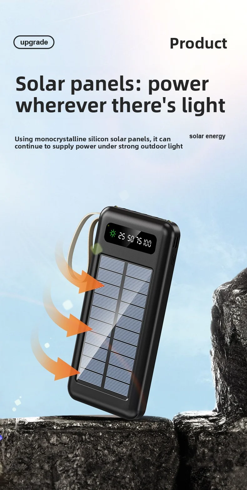 Top-Rated Portable Solar Power Bank with LED Display 4 Built-In Charging Cables LI-Polymer Battery-Best Seller