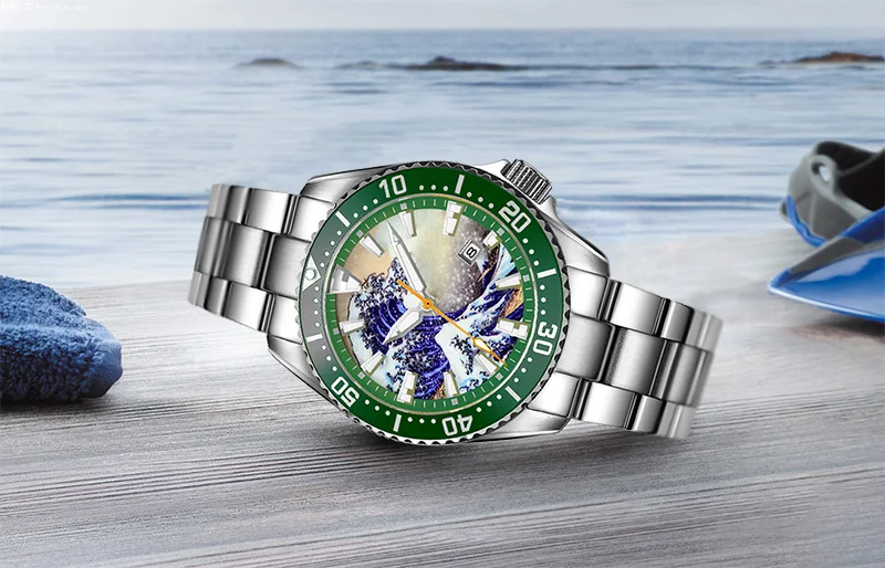 Luminous Great Wave Off Kanagawa Automatic Diver Watch with