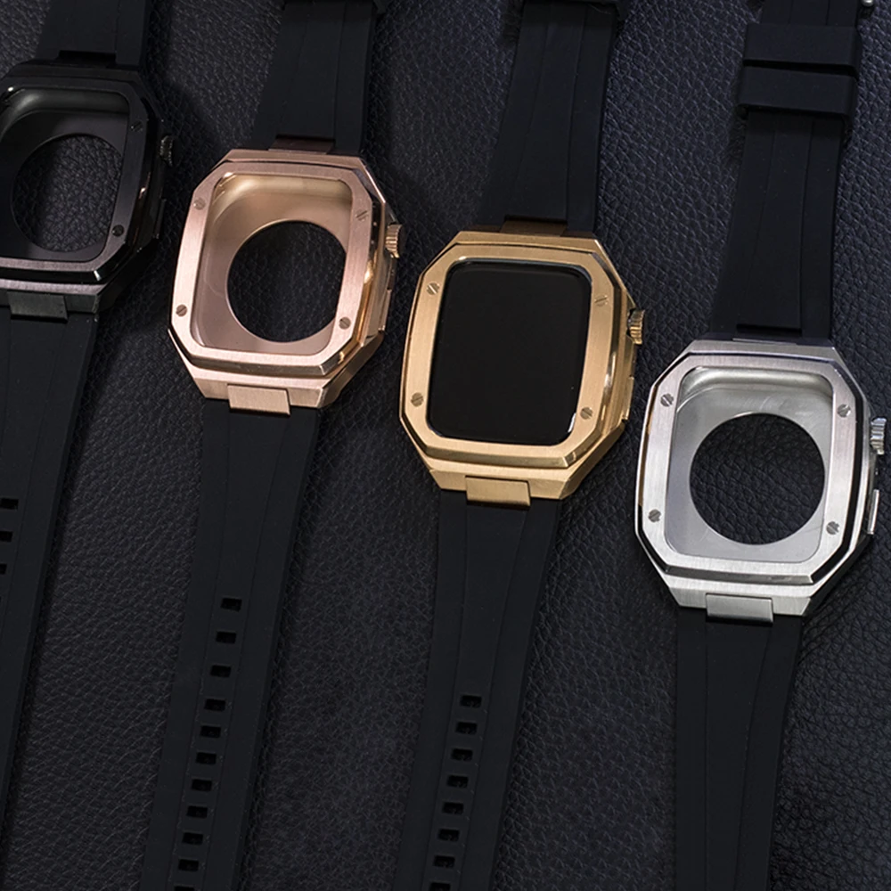 Modification Kit Metal case Watch Strap for Apple Watch Band 44mm Series7 6 45mm Stainless Steel Protective Rubber Watch Straps
