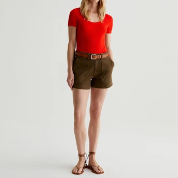 OEM/ODM Custom Vibrant Red Women's Slim Fit Crew Neck T-Shirt Eco-Friendly Soft Stretch-Blend Rib Knit Thick Binding Detail