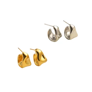 Customized AIU Gold Plated Stainless Steel Fashion Irregular C Wide-shaped Earrings  Geometric Bend C Hoop Earrings