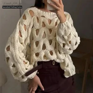 Autumn Winter Ladies Casual Long Sleeve Pullover Solid Color Knitted 100% Polyester Anti-Pilling Beach Sweater Hollow Hook