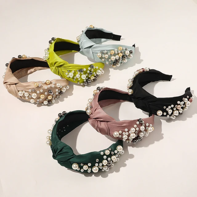 Rhombus Arrangement Inlaid Big Pearls Hair Hoop Baroque Hair Band Accessories Women Wide Brim Knotted Cloth Beaded Headbands
