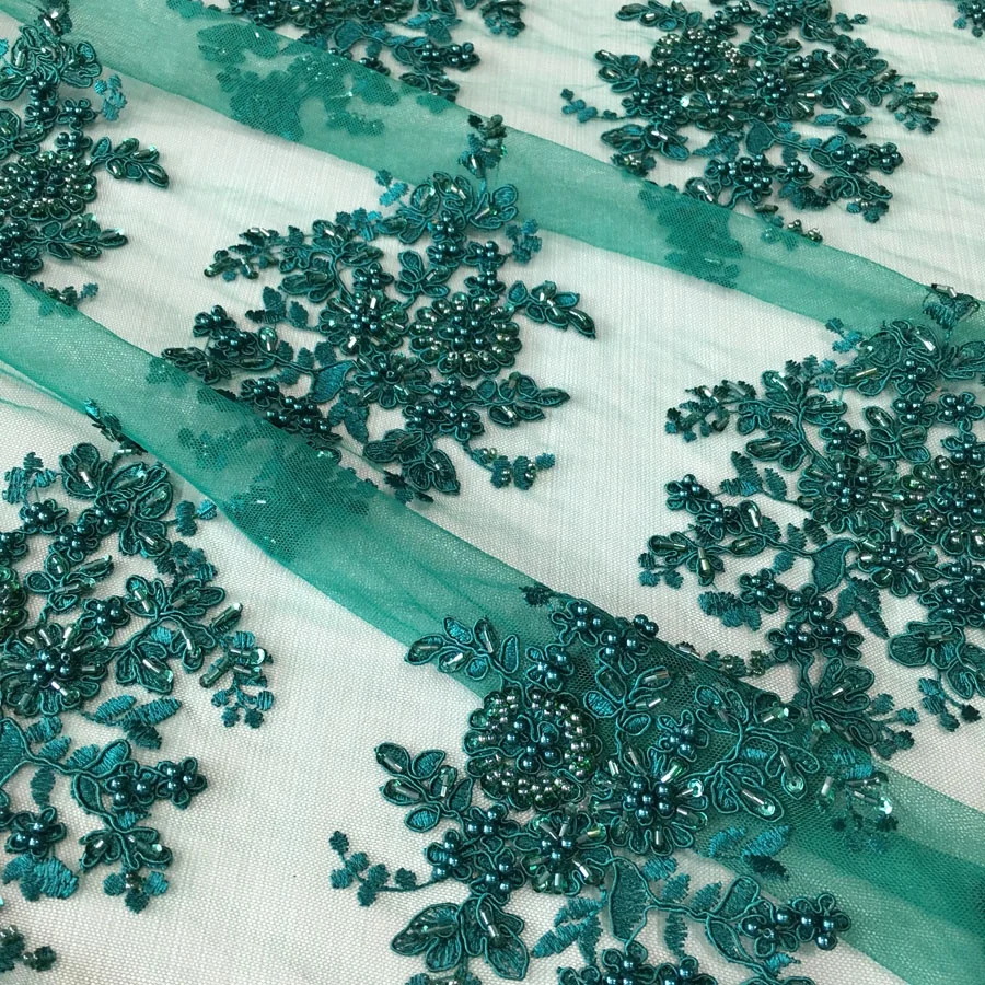 
Темно-зеленая кружевная ткань с бусинами и вышивкой вручную, жемчужные бусины, блестящая кружевная ткань для женщин 