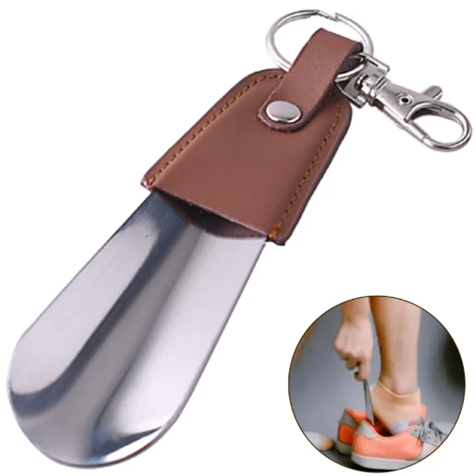 Leather Mini Shoehorn Keyring - Stainless Steel Travel Shoe Horn