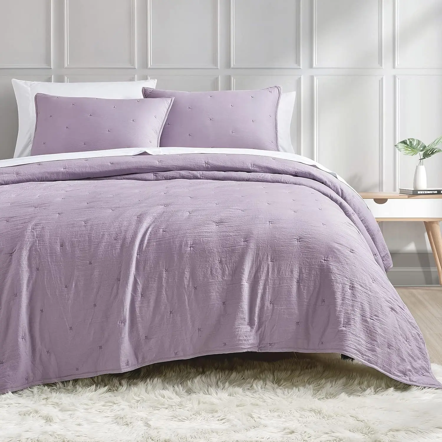 Classic Quilted Comforter Set Microfiber Solid Color 3-Piece Polyester Filled for Home Use