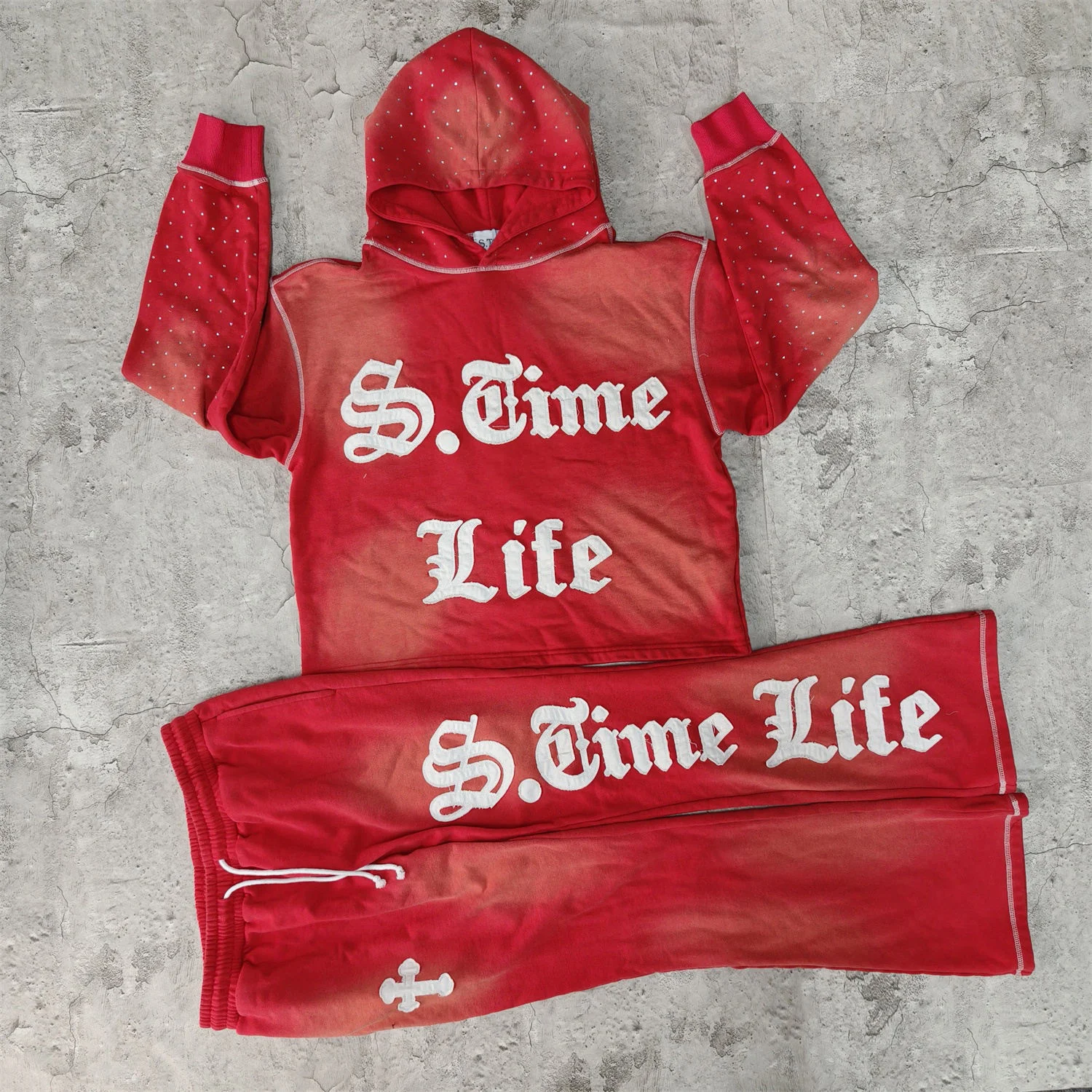US Free Tax Custom Sticker Embroidery Distressed Patches Logo Streetwear Vintage Sun Faded Hoodie Sets Tracksuits for Men gallery 2