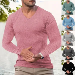 Autumn Men's Sports and Leisure Stand up Collar Elastic Vertical Stripe V-neck Long Sleeved T-shirt