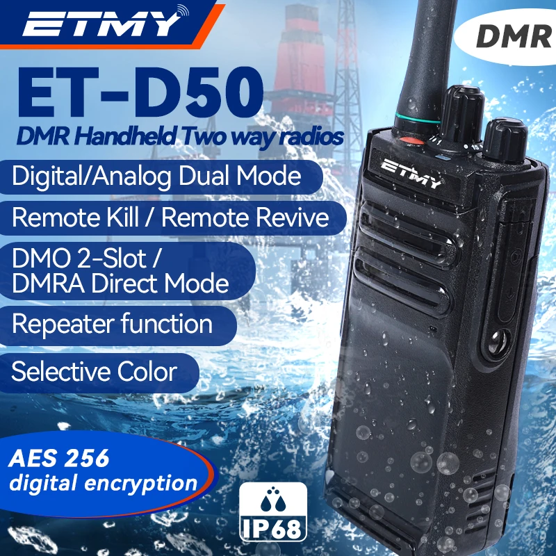 Dmr AES256 Encrypted VHF UHF Digital Walkie Talkie Radios IP68 Two Way Radio Communicator Long Range ETMY ET-D50