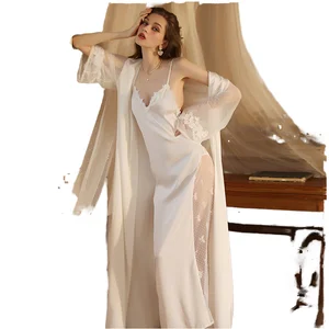 New Women's Comfortable Sexy Romantic Printed Lace Embroidery V-neck Extra Long Nightgown Bathrobe Pajamas Breathable Woven