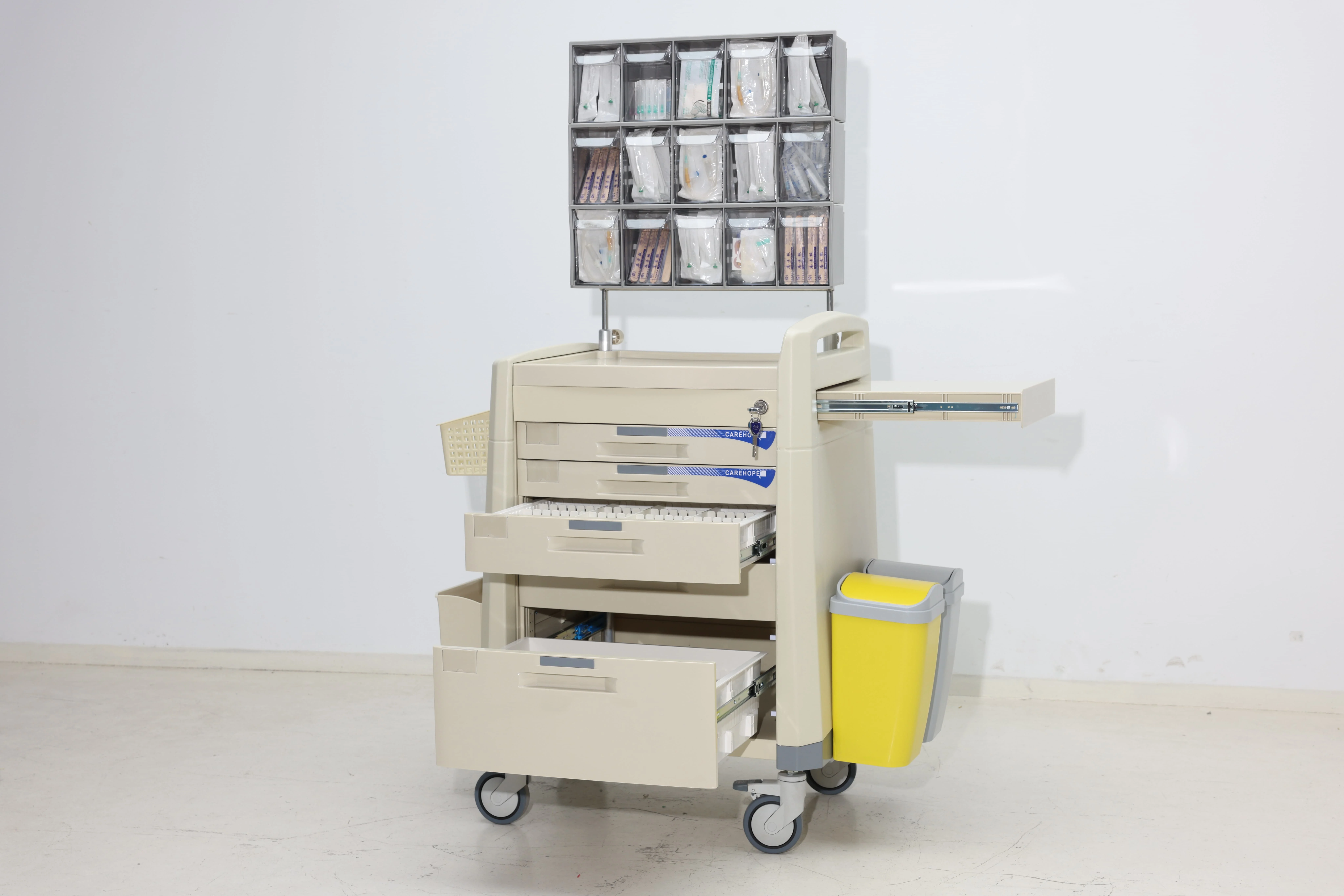 Modern ABS Surgical Anesthesia Tower with Triple-Row Transparent Pharma Trays Convenient 4-Castor Design for Hospital Hotel Use 6
