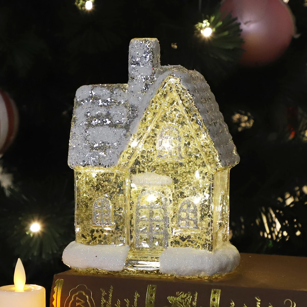 2023 Hot Selling Tabletop Hand Blown Glass Church Christmas Village With Led Lighted Gowing Home Indoor Living Room Decoration supplier