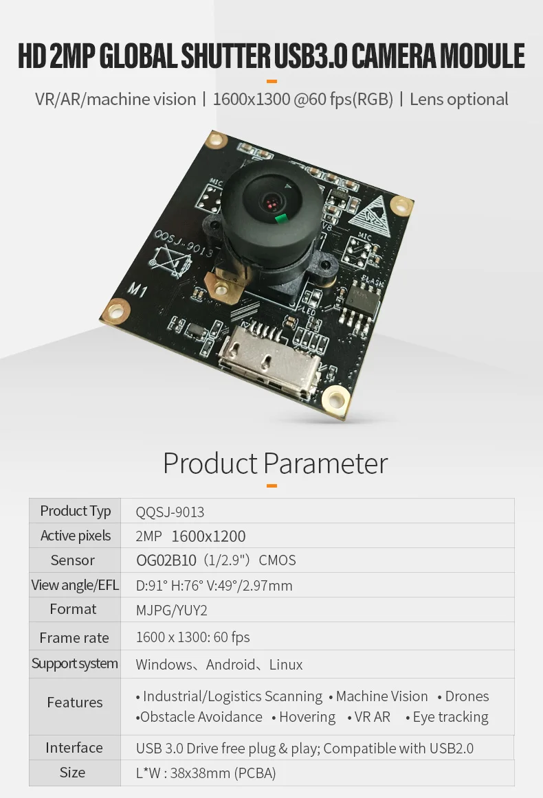 DGZX 2MP 1600×1300 60fps Color RGB OG02B10 Sensor Cmos 60FPS Global Shutter USB3 Camera Module插图